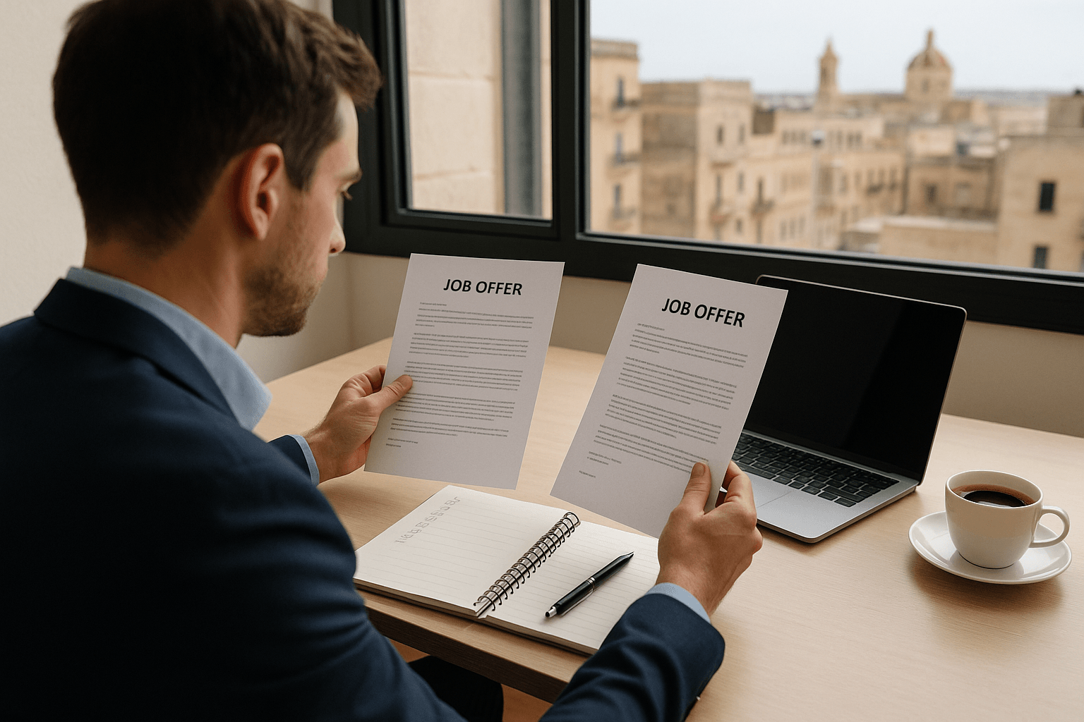 Candidate comparing two Malta job offers using a decision checklist