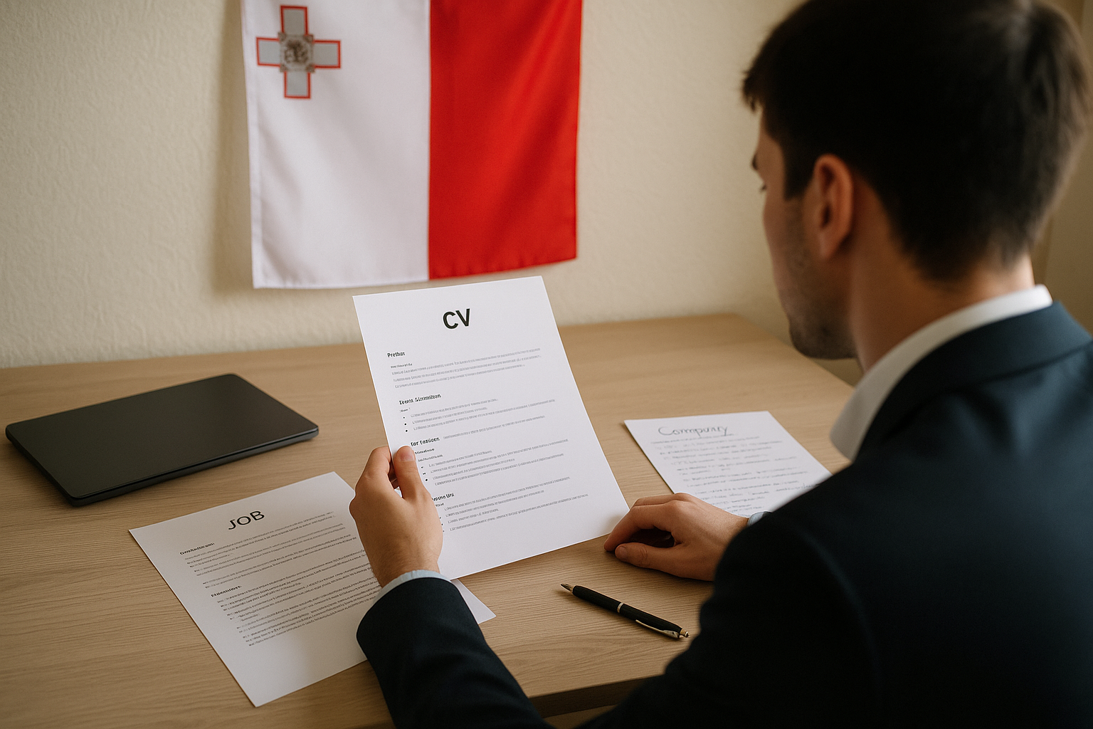 Candidate preparing for a Malta job interview with notes laptop and CV