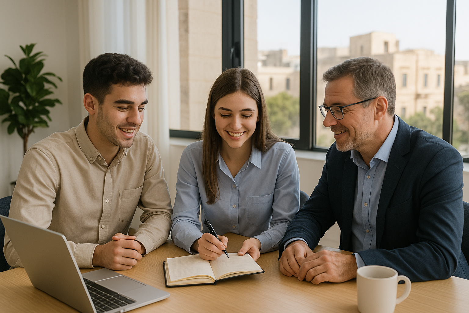 Young professionals in Malta discussing career plans in a modern office meeting