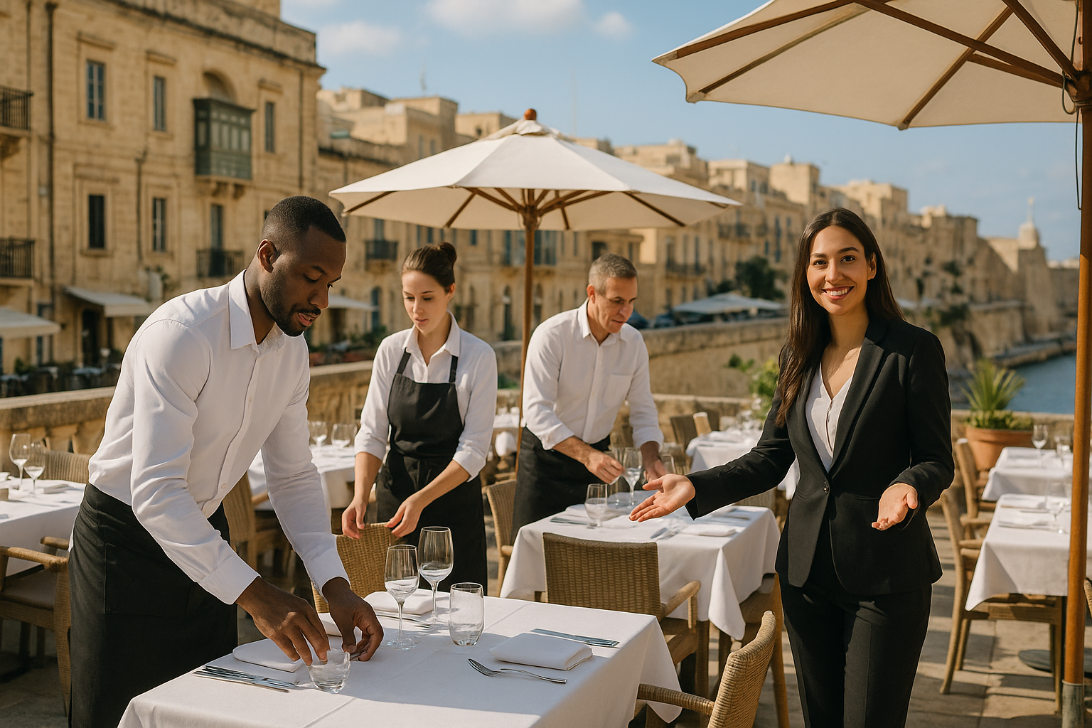 Seasonal hospitality workers serving customers in a busy Malta restaurant terrace