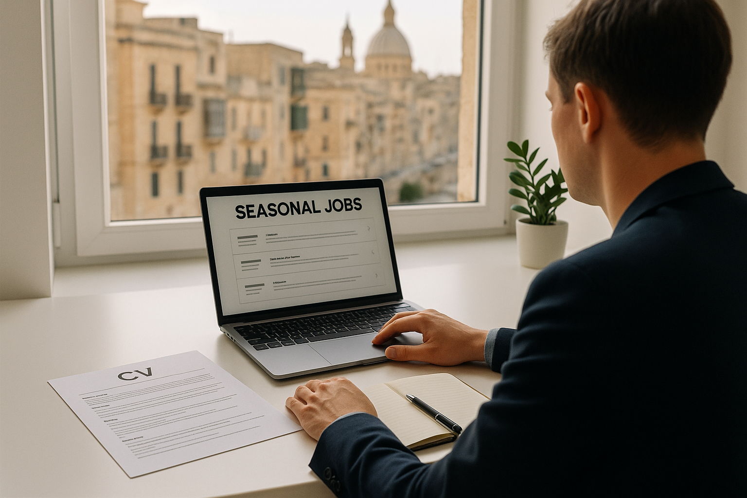 Job seeker in Malta applying online for seasonal work with a clear CV and laptop