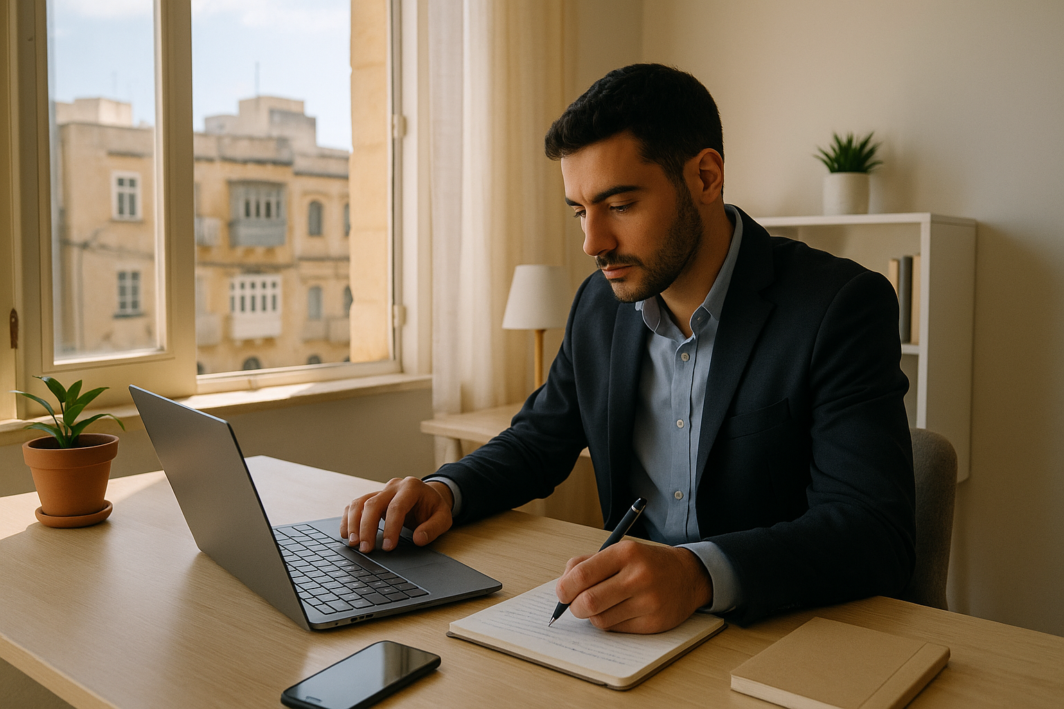 Remote worker in Malta reviewing job applications from a home office