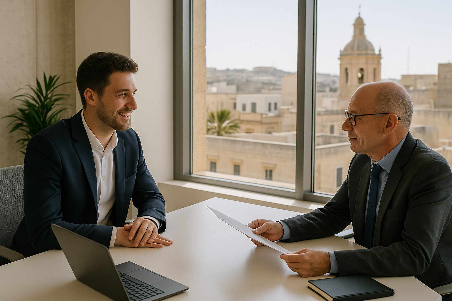 Professional job offer negotiation conversation in a Malta meeting room