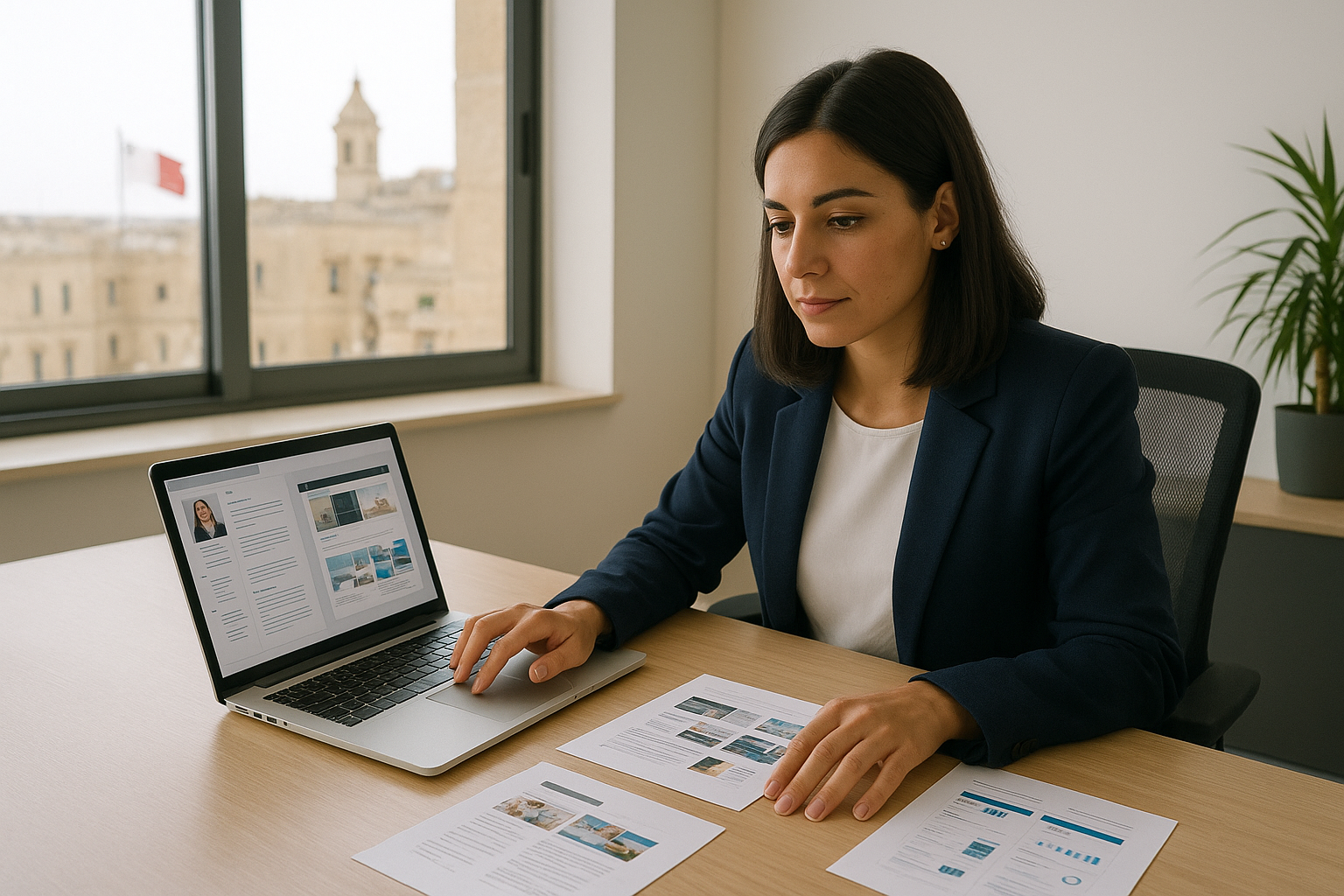 Malta job seeker organising portfolio examples on a laptop for applications
