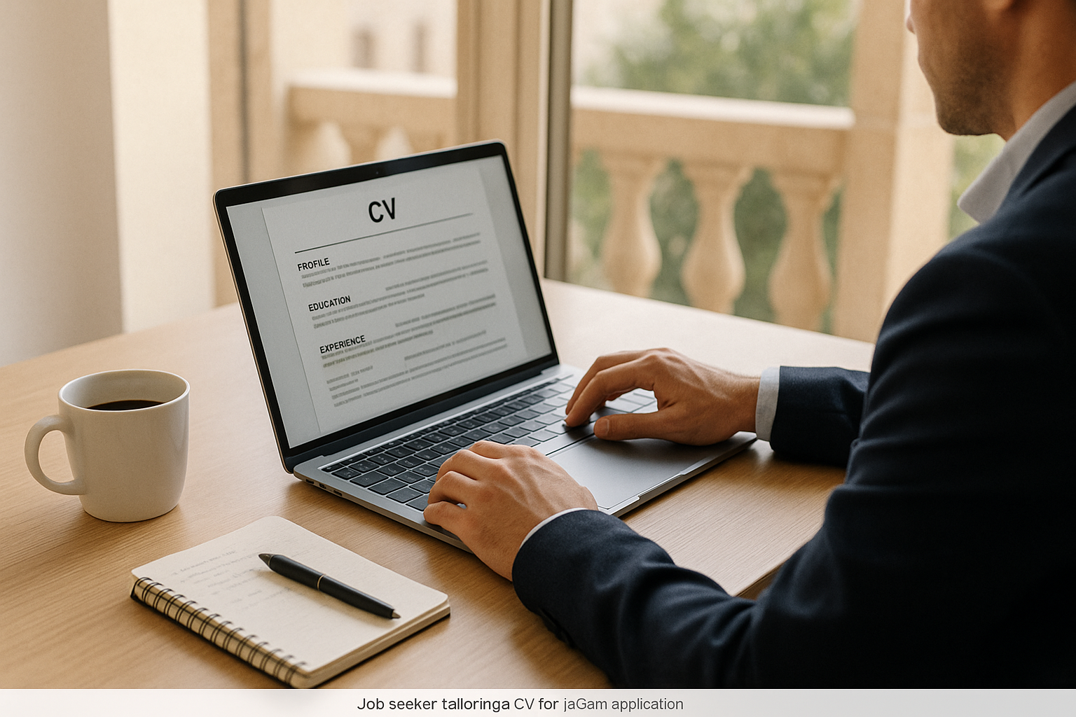 Job seeker in Malta tailoring a CV for an iGaming role on a laptop